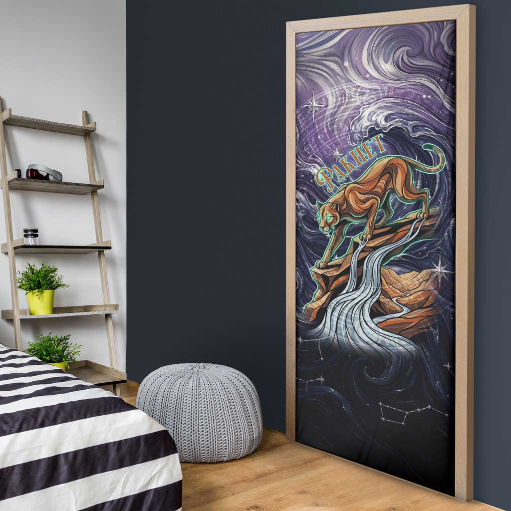 Pakhet Panther Door Cover with Cosmic Feline Eye on Starry Night River