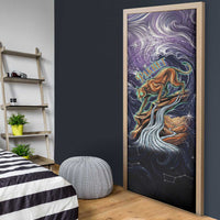 Pakhet Panther Door Cover with Cosmic Feline Eye on Starry Night River