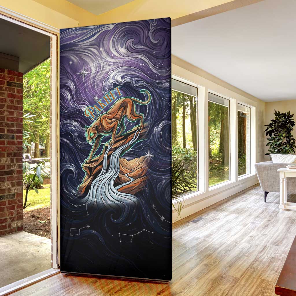 Pakhet Panther Door Cover with Cosmic Feline Eye on Starry Night River
