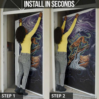 Pakhet Panther Door Cover with Cosmic Feline Eye on Starry Night River