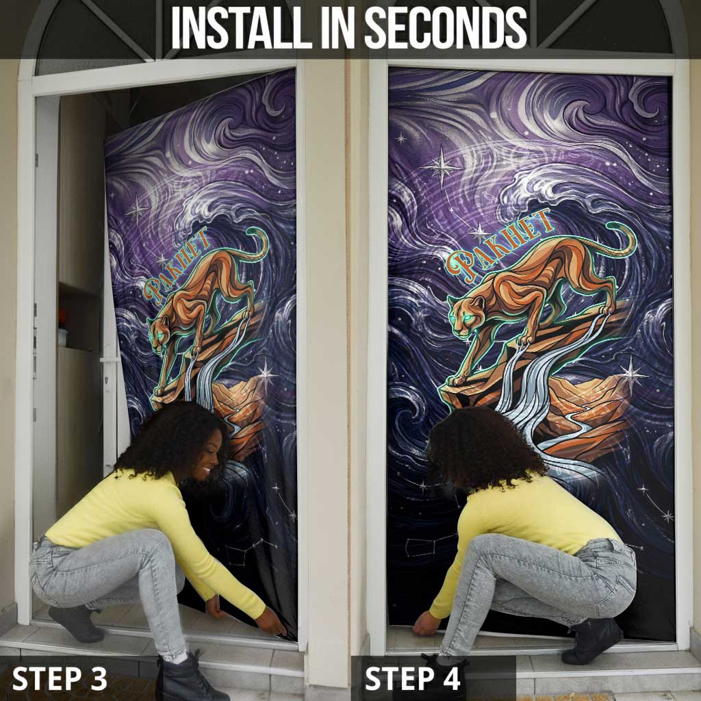 Pakhet Panther Door Cover with Cosmic Feline Eye on Starry Night River