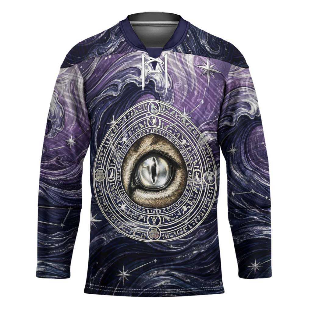 Pakhet Panther Hockey Jersey with Cosmic Feline Eye on Starry Night River
