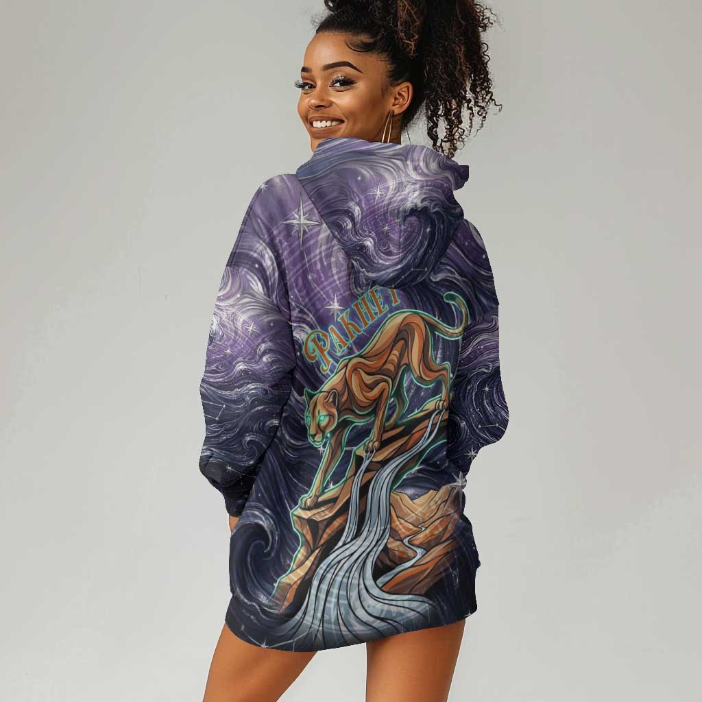 Pakhet Panther Hoodie Dress with Cosmic Feline Eye on Starry Night River