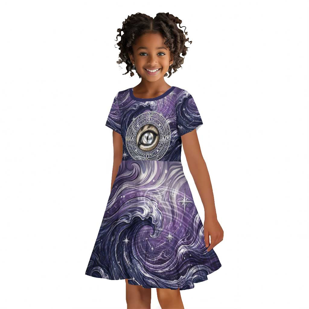 Pakhet Panther Kid Short Sleeve Dress with Cosmic Feline Eye on Starry Night River