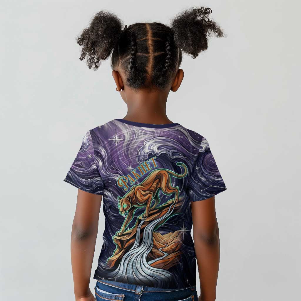 Pakhet Panther Kid T shirt with Cosmic Feline Eye on Starry Night River