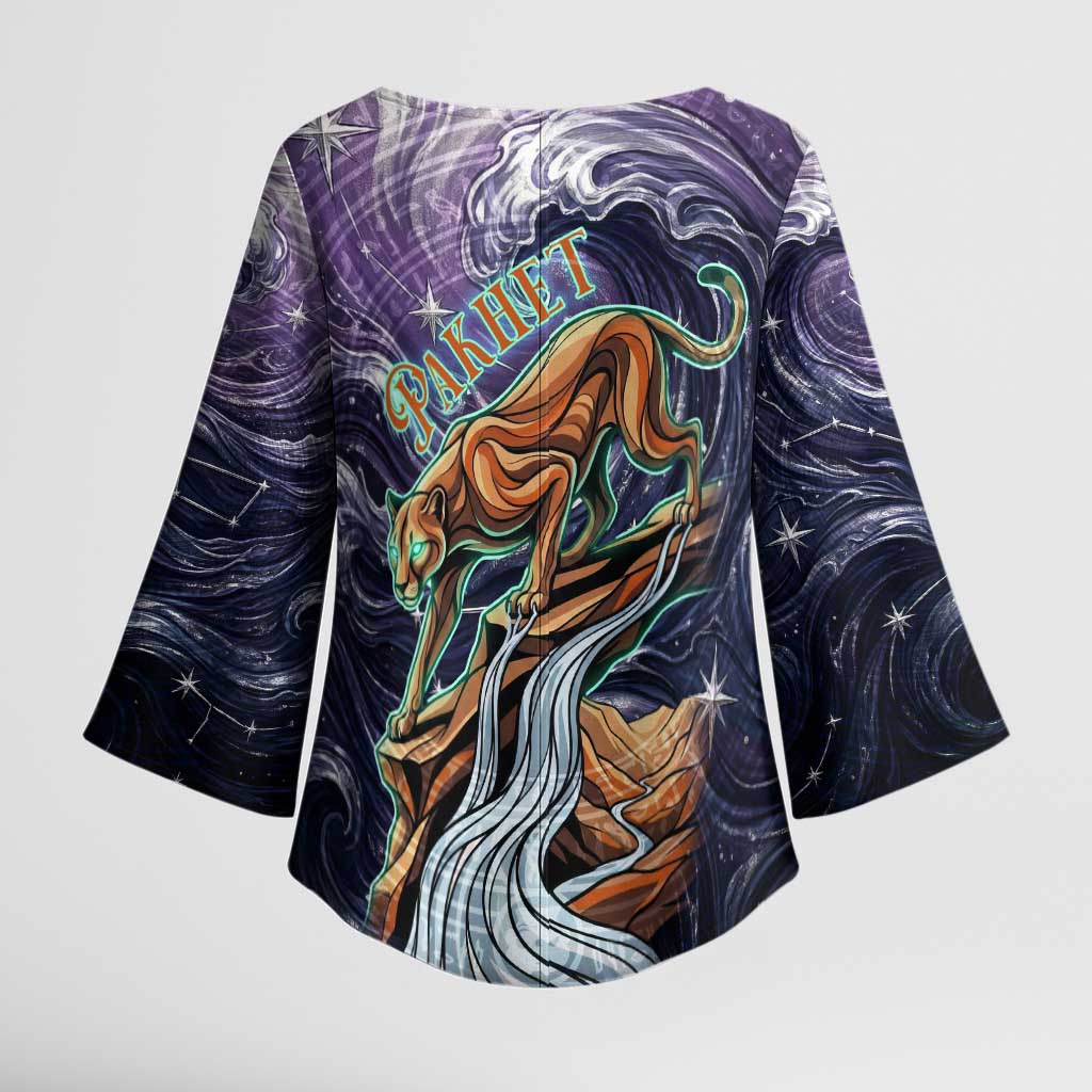 Pakhet Panther Kimono Sleeve Blouse with Cosmic Feline Eye on Starry Night River
