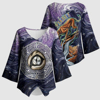 Pakhet Panther Kimono Sleeve Blouse with Cosmic Feline Eye on Starry Night River