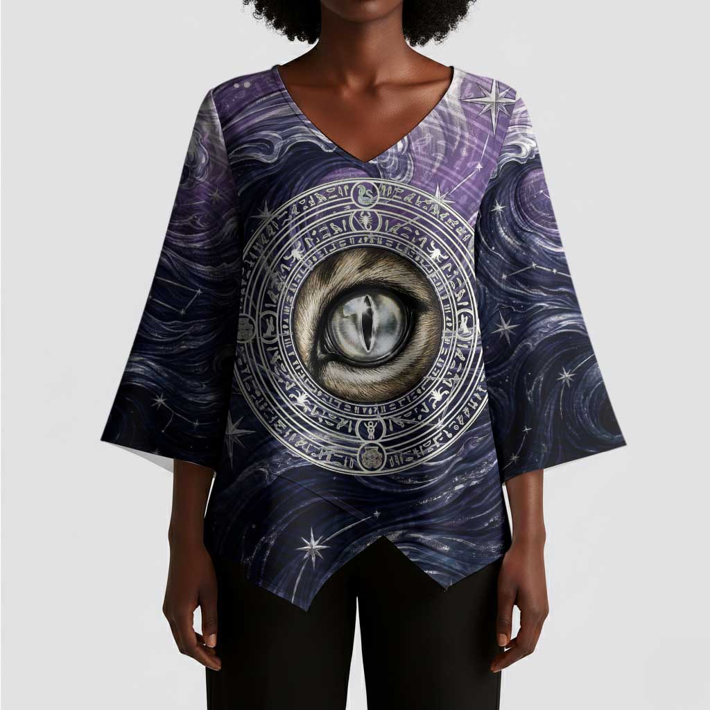 Pakhet Panther Kimono Sleeve Blouse with Cosmic Feline Eye on Starry Night River