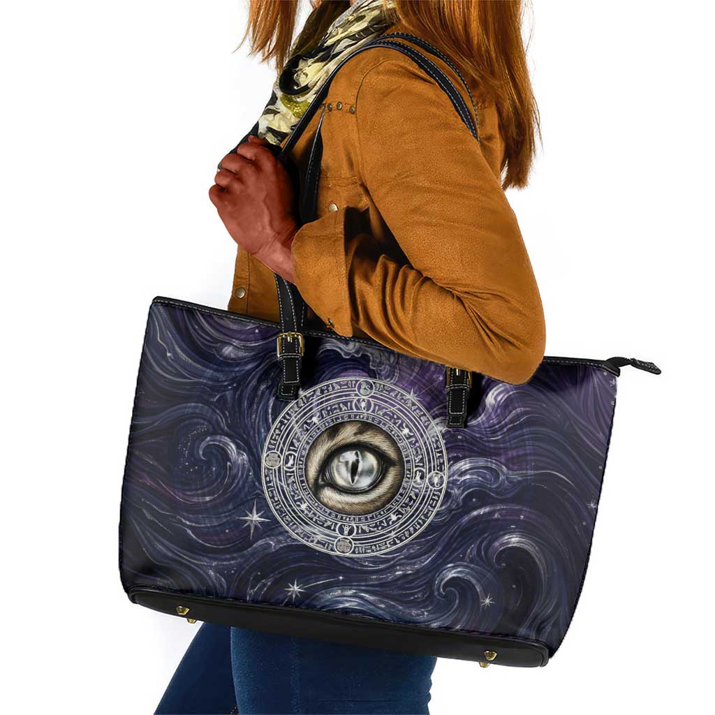 Pakhet Panther Leather Tote Bag with Cosmic Feline Eye on Starry Night River