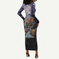 Pakhet Panther Long Sleeve Bodycon Dress with Cosmic Feline Eye on Starry Night River