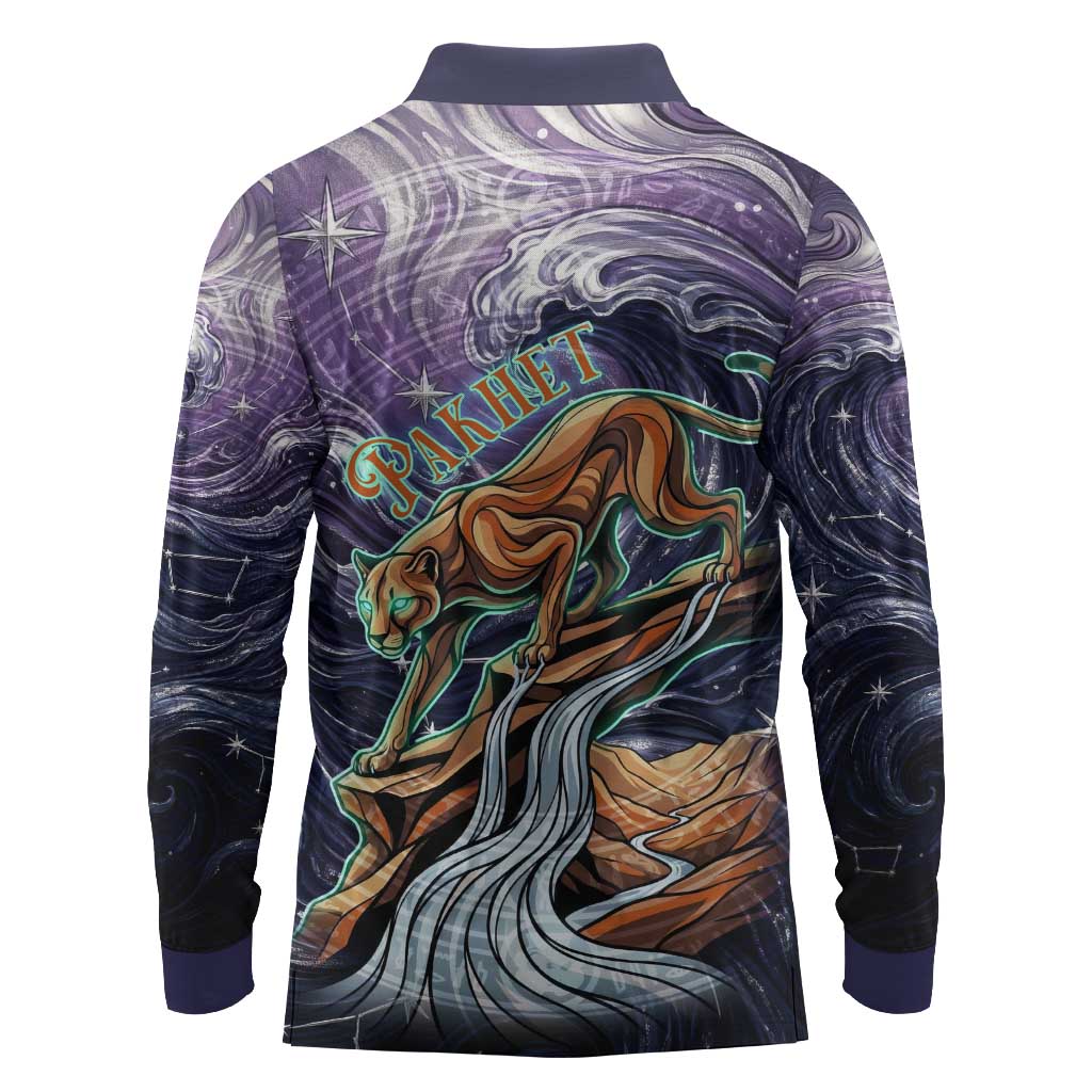 Pakhet Panther Long Sleeve Polo Shirt with Cosmic Feline Eye on Starry Night River