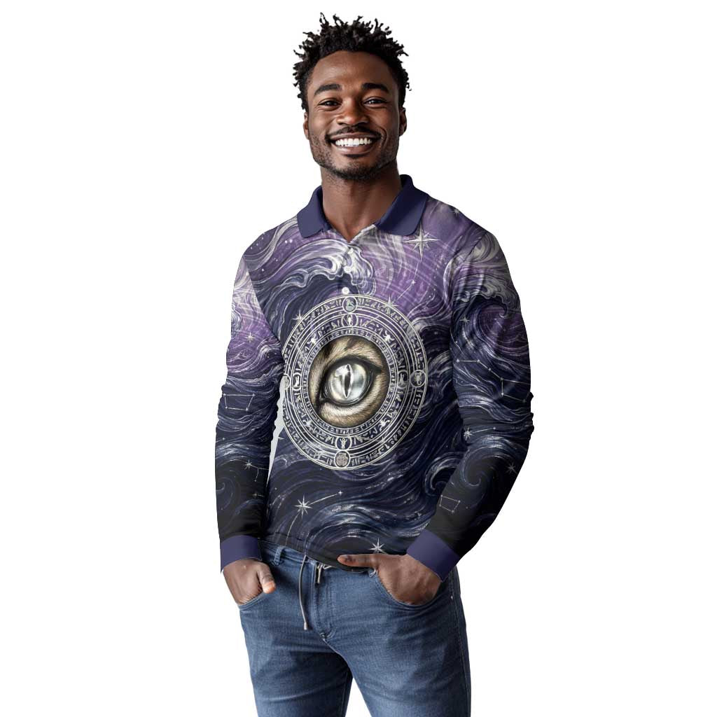 Pakhet Panther Long Sleeve Polo Shirt with Cosmic Feline Eye on Starry Night River