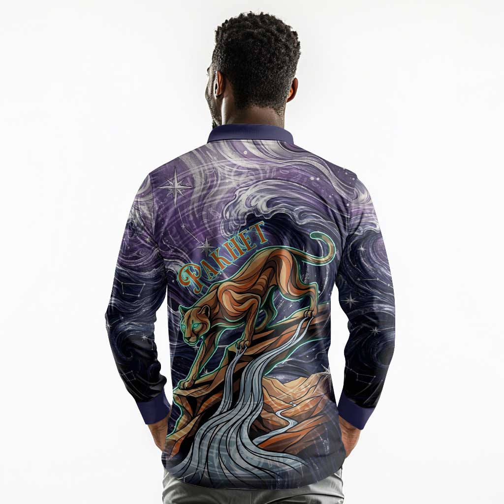 Pakhet Panther Long Sleeve Polo Shirt with Cosmic Feline Eye on Starry Night River