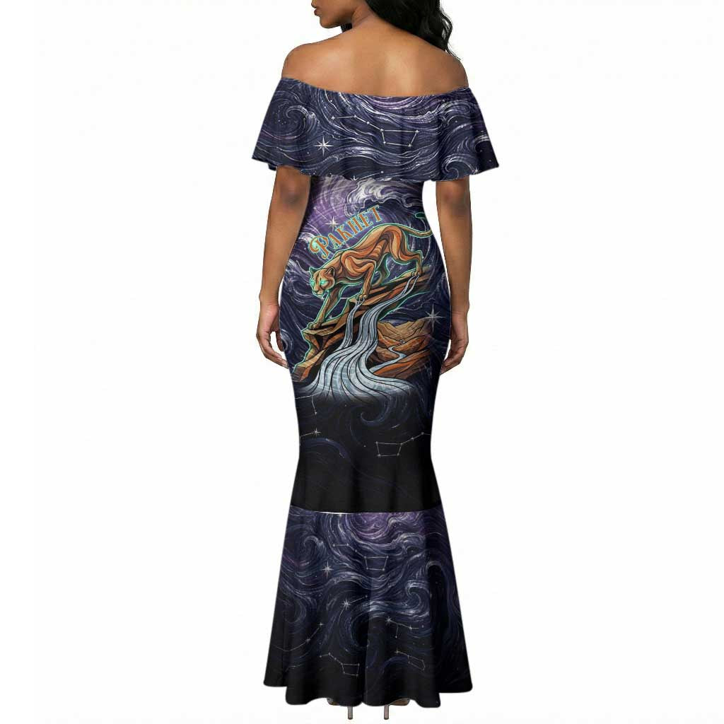 Pakhet Panther Mermaid Dress with Cosmic Feline Eye on Starry Night River