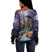 Pakhet Panther Off Shoulder Sweater with Cosmic Feline Eye on Starry Night River
