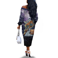 Pakhet Panther Off The Shoulder Long Sleeve Dress with Cosmic Feline Eye on Starry Night River
