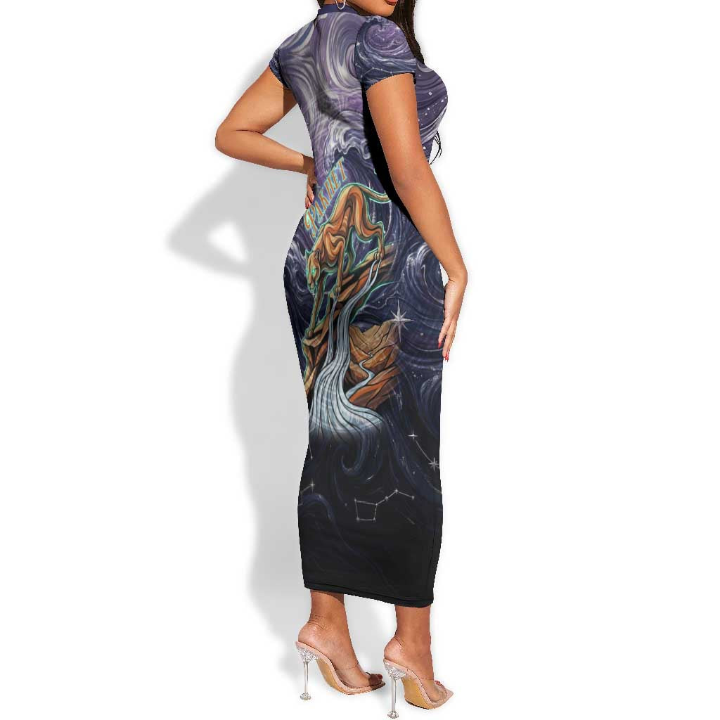 Pakhet Panther Short Sleeve Bodycon Dress with Cosmic Feline Eye on Starry Night River