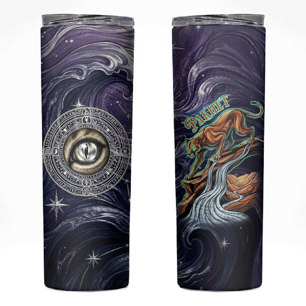 Pakhet Panther Skinny Tumbler with Cosmic Feline Eye on Starry Night River