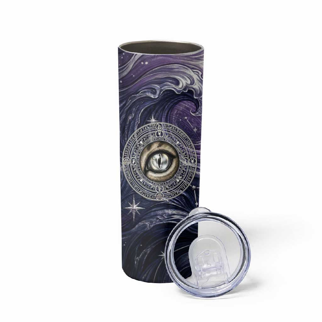 Pakhet Panther Skinny Tumbler with Cosmic Feline Eye on Starry Night River