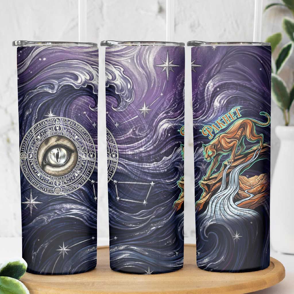 Pakhet Panther Skinny Tumbler with Cosmic Feline Eye on Starry Night River