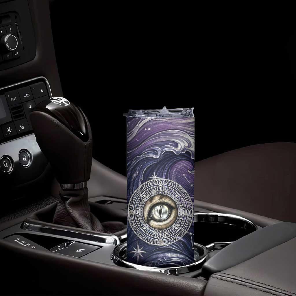 Pakhet Panther Skinny Tumbler with Cosmic Feline Eye on Starry Night River