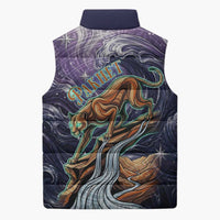 Pakhet Panther Sleeveless Puffer Jacket with Cosmic Feline Eye on Starry Night River