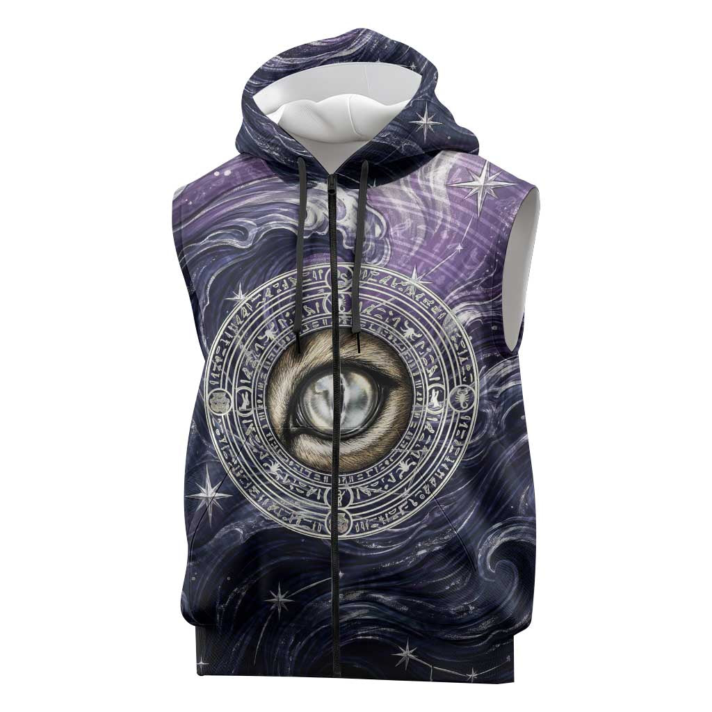 Pakhet Panther Sleeveless Zip Hoodie with Cosmic Feline Eye on Starry Night River