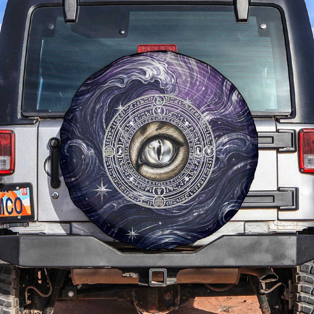 Pakhet Panther Spare Tire Cover with Cosmic Feline Eye on Starry Night River