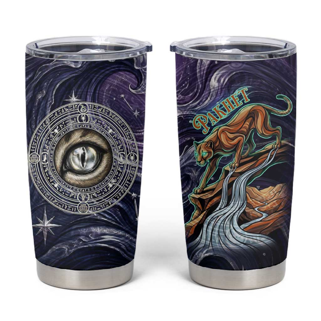 Pakhet Panther Tumbler Cup with Cosmic Feline Eye on Starry Night River