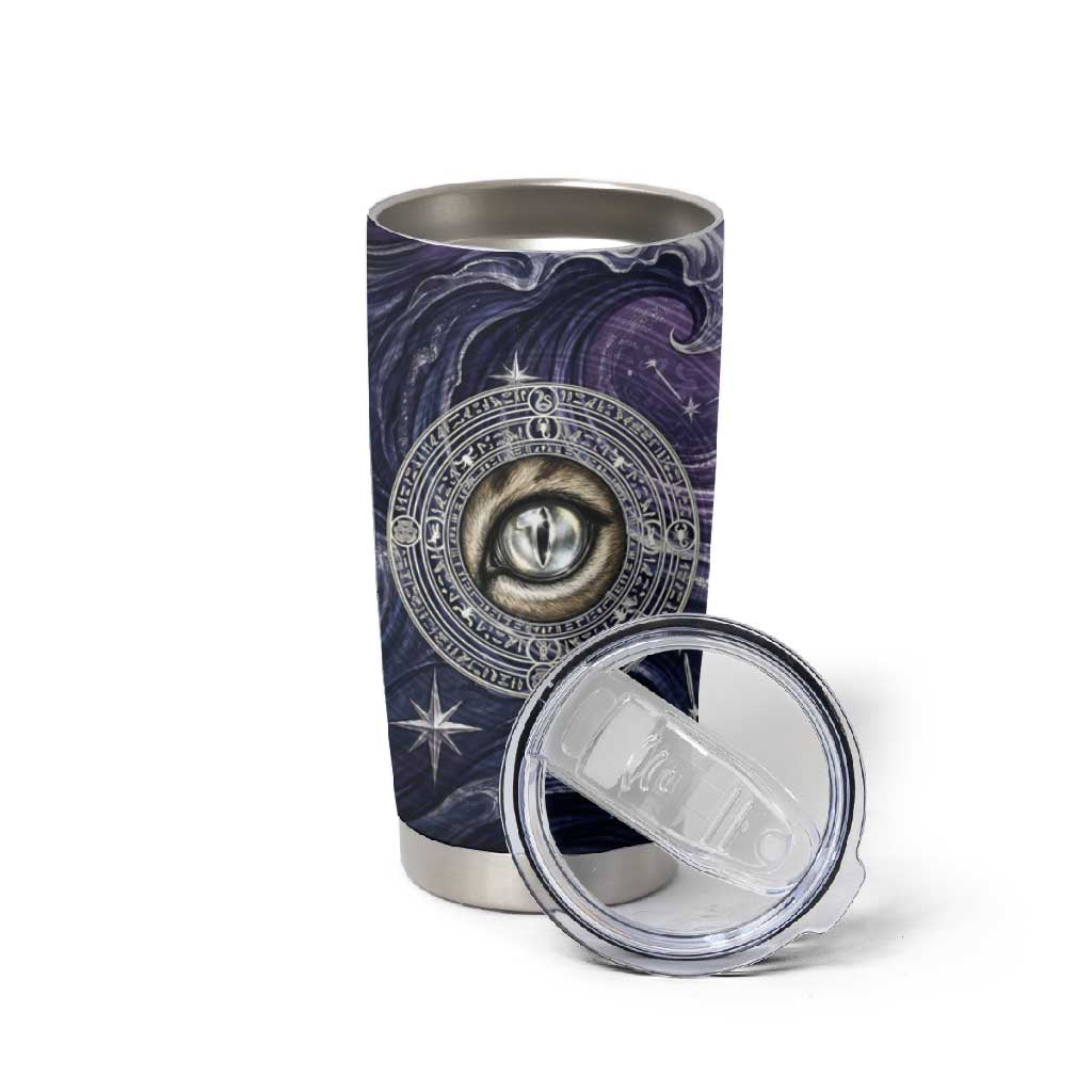 Pakhet Panther Tumbler Cup with Cosmic Feline Eye on Starry Night River