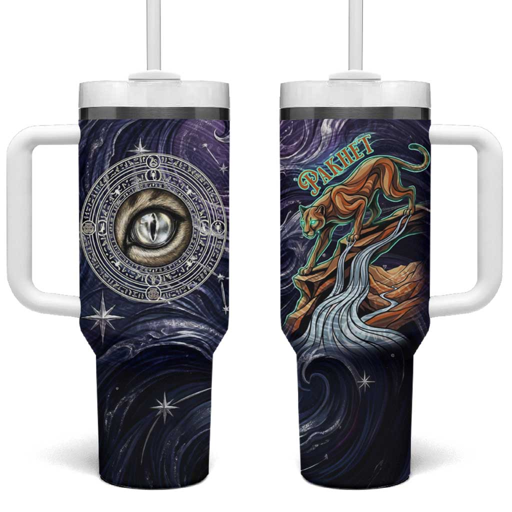 Pakhet Panther Tumbler With Handle with Cosmic Feline Eye on Starry Night River