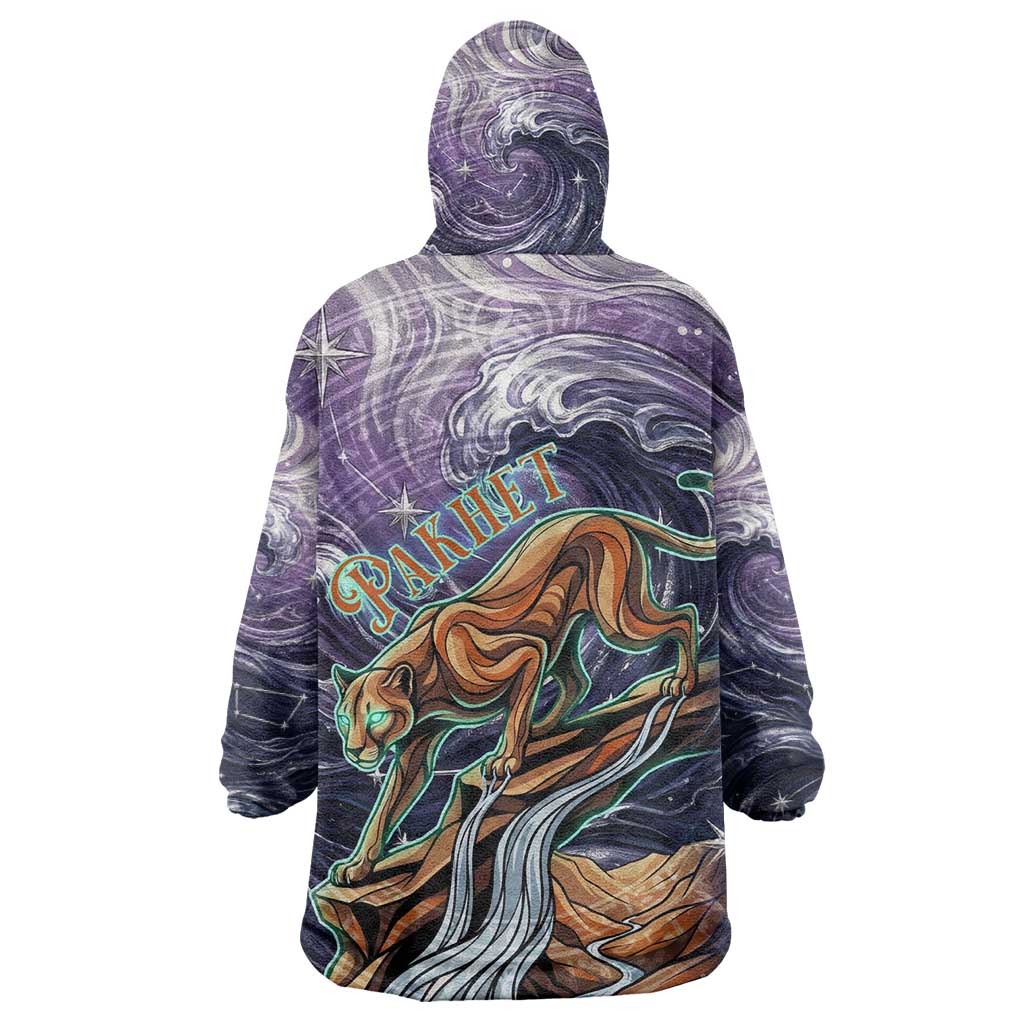 Pakhet Panther Wearable Blanket Hoodie with Cosmic Feline Eye on Starry Night River