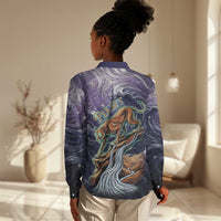Pakhet Panther Women Casual Shirt with Cosmic Feline Eye on Starry Night River