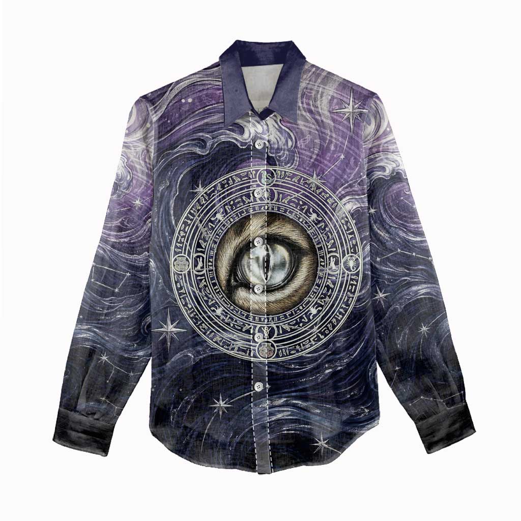 Pakhet Panther Women Casual Shirt with Cosmic Feline Eye on Starry Night River