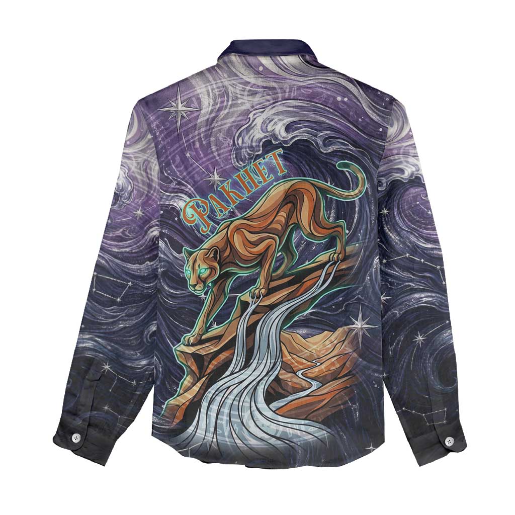 Pakhet Panther Women Casual Shirt with Cosmic Feline Eye on Starry Night River
