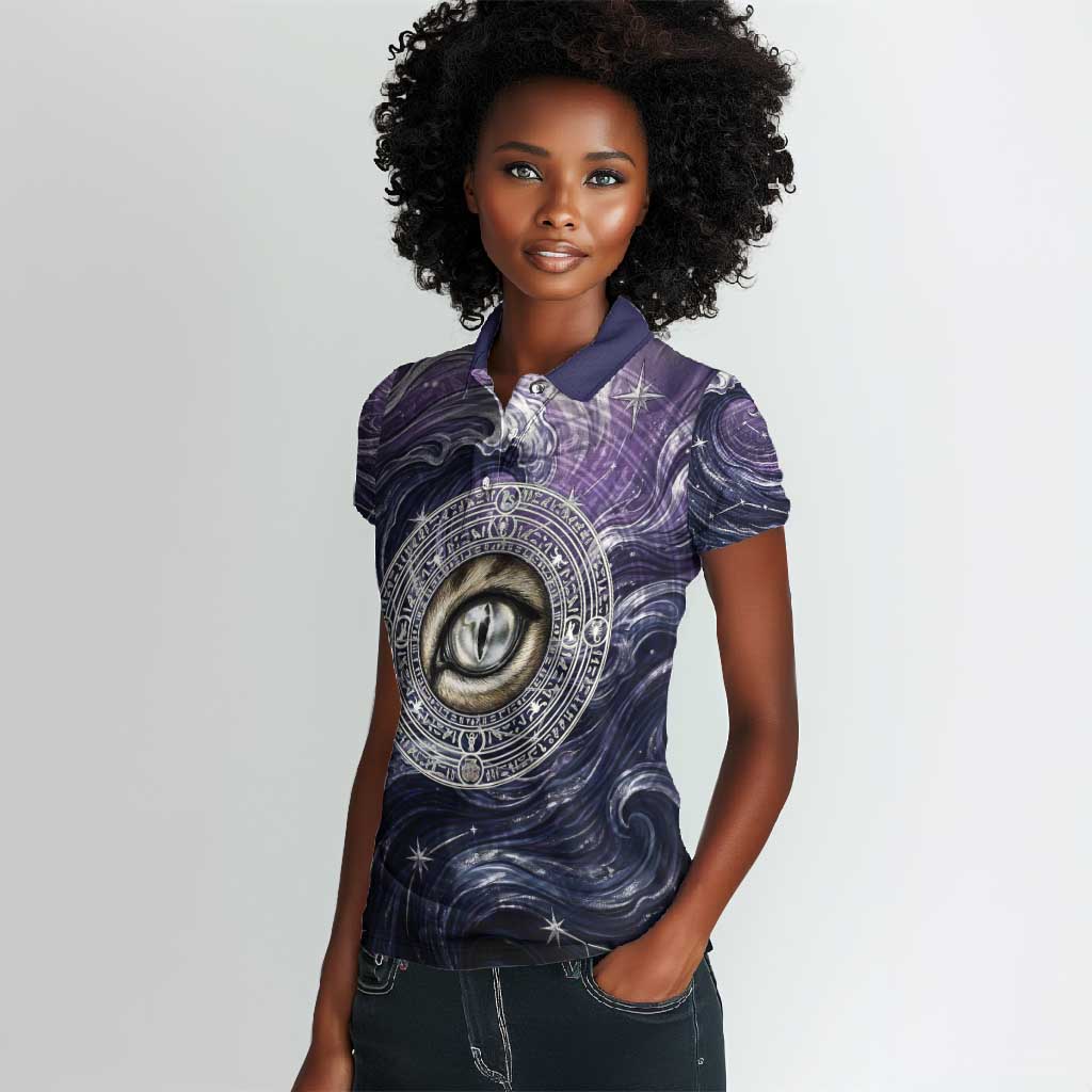 Pakhet Panther Women Polo Shirt with Cosmic Feline Eye on Starry Night River