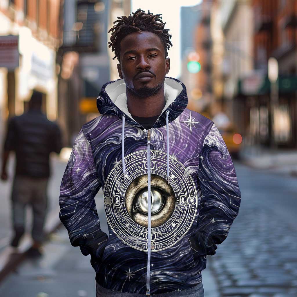 Pakhet Panther Zip Hoodie with Cosmic Feline Eye on Starry Night River