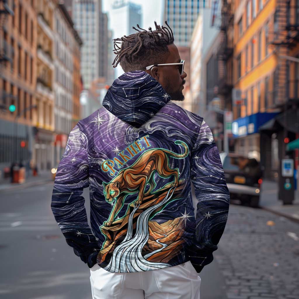 Pakhet Panther Zip Hoodie with Cosmic Feline Eye on Starry Night River