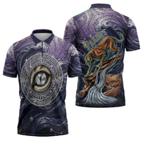 Pakhet Panther Zipper Polo Shirt with Cosmic Feline Eye on Starry Night River