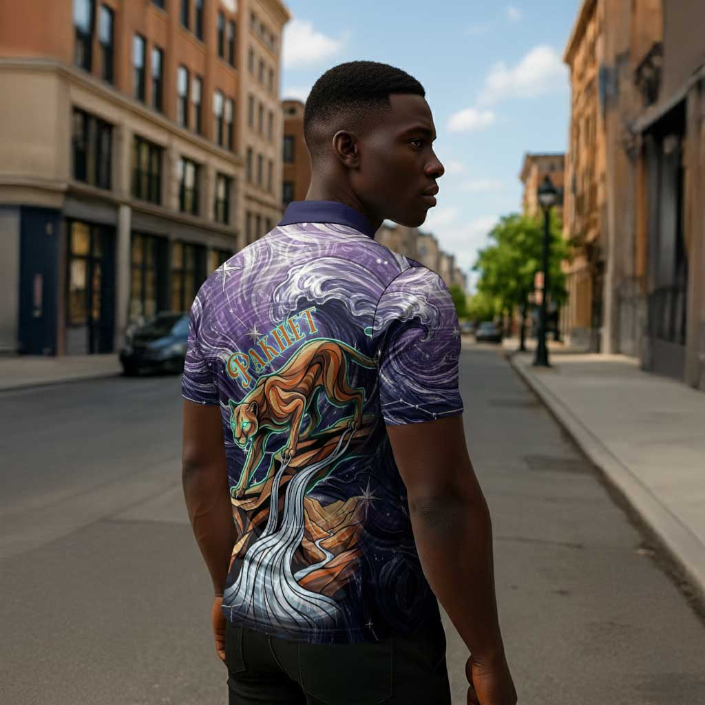 Pakhet Panther Zipper Polo Shirt with Cosmic Feline Eye on Starry Night River