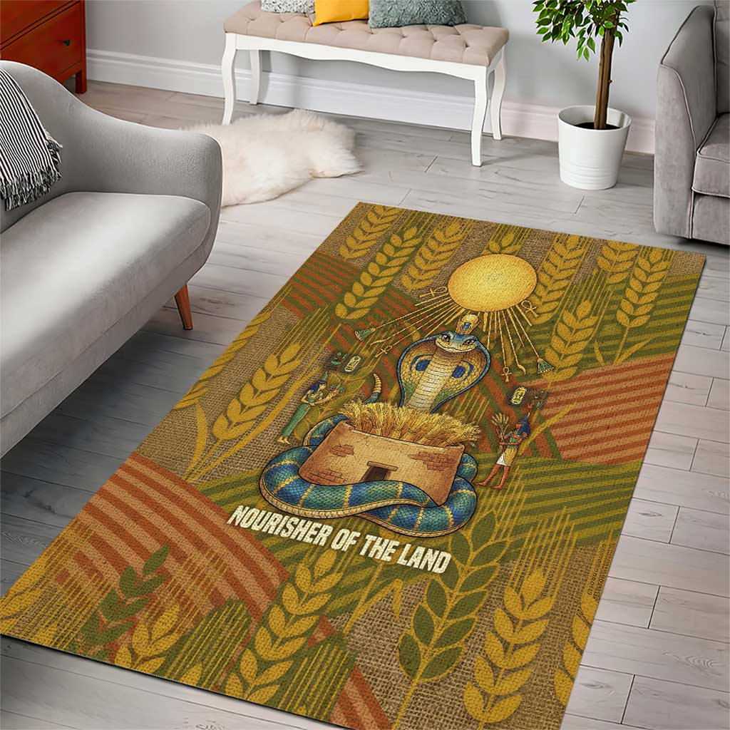 Renenutet  Golden Cobra Area Rug with Wheat Motif in Egyptian Agricultural Theme