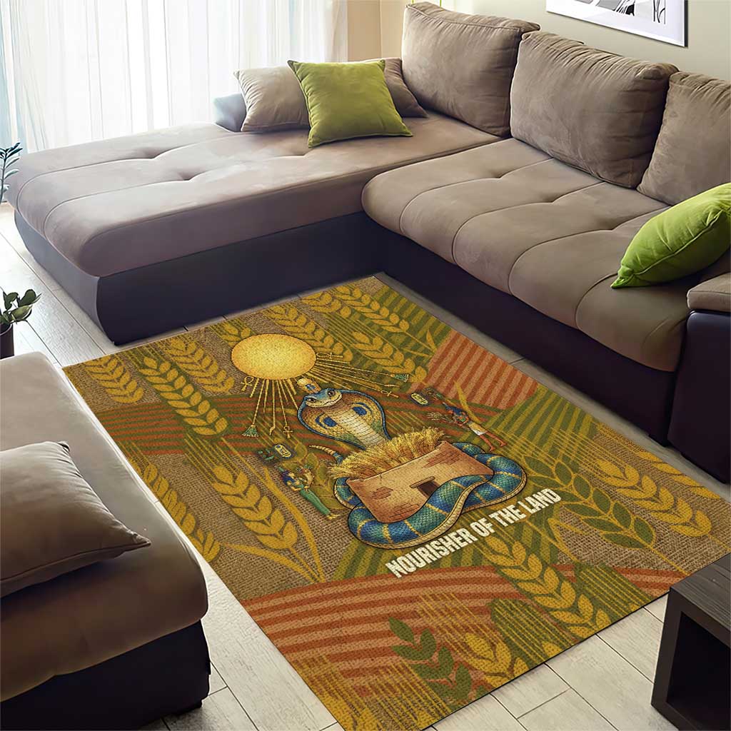 Renenutet  Golden Cobra Area Rug with Wheat Motif in Egyptian Agricultural Theme