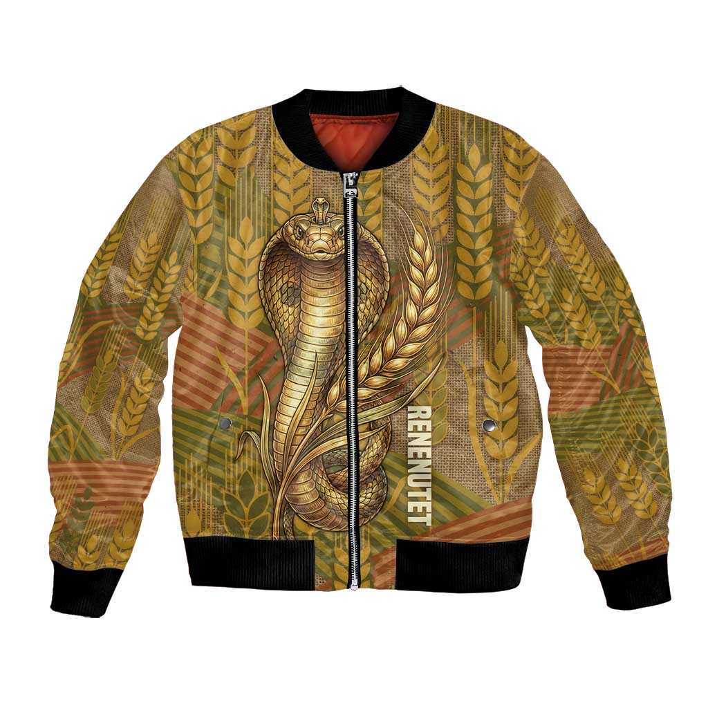 Renenutet  Golden Cobra Bomber Jacket with Wheat Motif in Egyptian Agricultural Theme