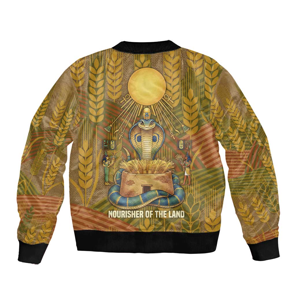 Renenutet  Golden Cobra Bomber Jacket with Wheat Motif in Egyptian Agricultural Theme