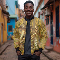 Renenutet  Golden Cobra Bomber Jacket with Wheat Motif in Egyptian Agricultural Theme