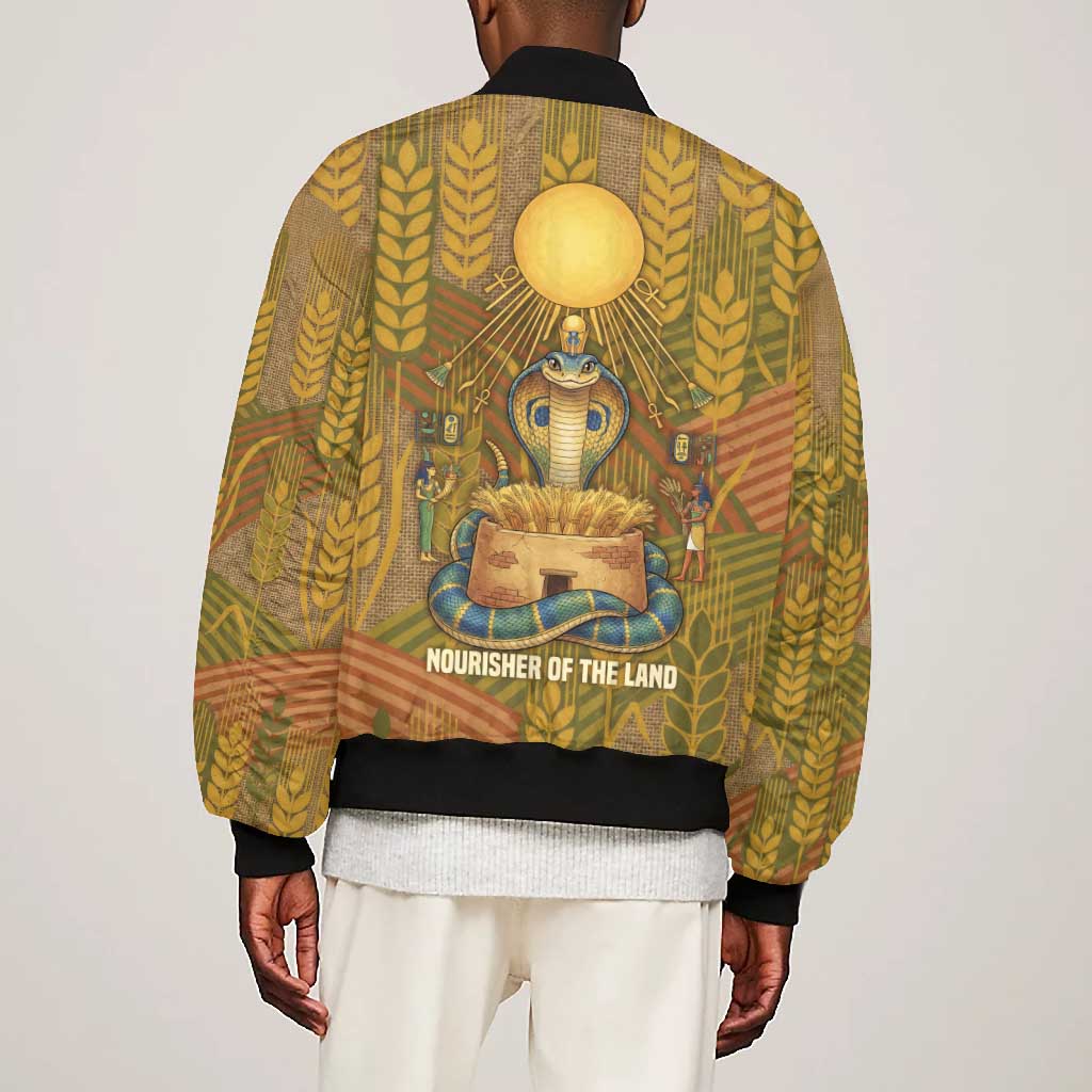 Renenutet  Golden Cobra Bomber Jacket with Wheat Motif in Egyptian Agricultural Theme