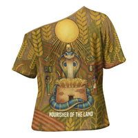 Renenutet  Golden Cobra Cross Shoulder Shirt with Wheat Motif in Egyptian Agricultural Theme