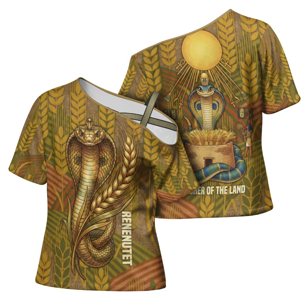Renenutet  Golden Cobra Cross Shoulder Shirt with Wheat Motif in Egyptian Agricultural Theme