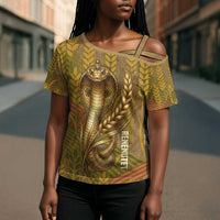 Renenutet  Golden Cobra Cross Shoulder Shirt with Wheat Motif in Egyptian Agricultural Theme