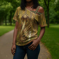 Renenutet  Golden Cobra Cross Shoulder Shirt with Wheat Motif in Egyptian Agricultural Theme